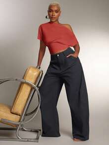 Denimoi Women's Fashion Street Style Asymmetric Neck Cropped Top - Red - View 5