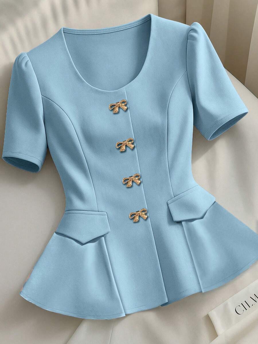 SHEIN Clasi 高品質獨特優雅金色金屬蝴蝶單排扣優雅派對短袖女式襯衫 - 霧霾藍 - 查看 1