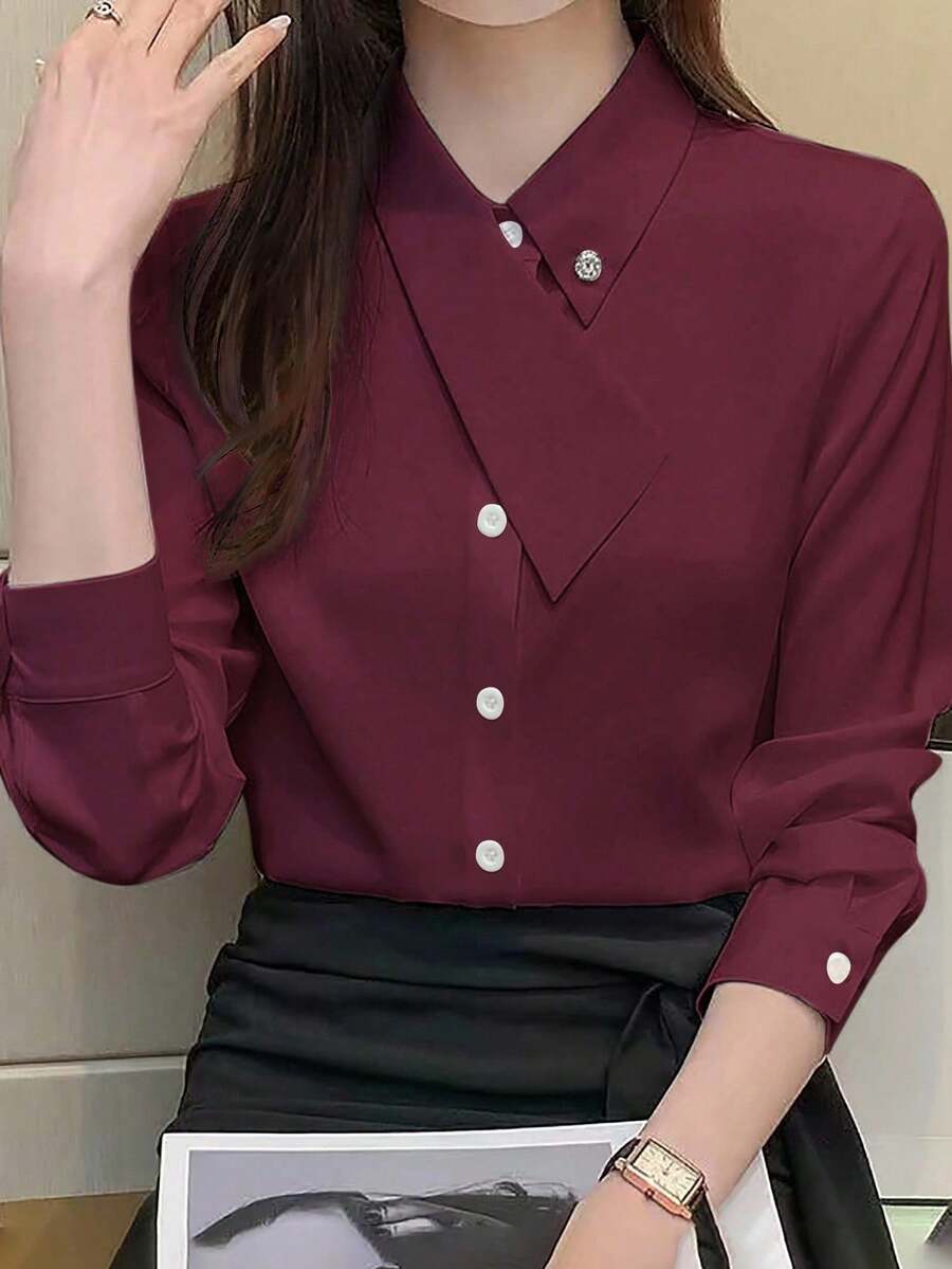 EMERY ROSE 不对称领百搭优雅通勤女式 T 恤 - 酒紅色 - 查看 1