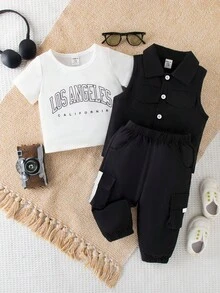 SHEIN 3pcs Baby Boy Casual Cool Sports Letter Print Short Sleeve T-Shirt, Button-Up Vest Jacket And Cargo Pants Set, Spring/Summer/Autumn - Black and White - View 8