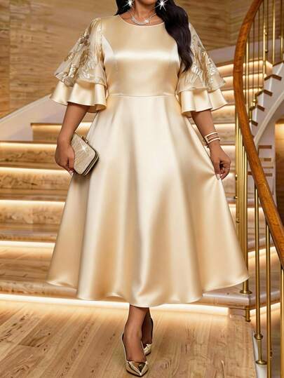 SHEIN Lady Vestido de fiesta elegante de talla grande con patchwork de jacquard, ropa de verano, atuendos de verano, atuendos de vacaciones de verano, atuendos de festival para mujeres, estilo campestre de festival para mujeres, vestido de fiesta elegante, vestido elegante para mujeres, vestido elegante para invitadas de boda, vestido de fiesta para mujeres, atuendos elegantes, vestido de lujo para mujeres, ropa formal, hermosos vestidos para ocasiones especiales, vestido de graduación, ropa de trabajo para mujeres, vestido de dama de honor