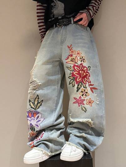 STEELVANCE Jeans casuales rectos y holgados con bordado, efecto desgastado y desflecado, estilo vintage y urbano, versátiles