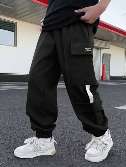 SHEIN Tween Boys' Casual Comfortable Elastic Waist Loose Solid Color Woven Pants