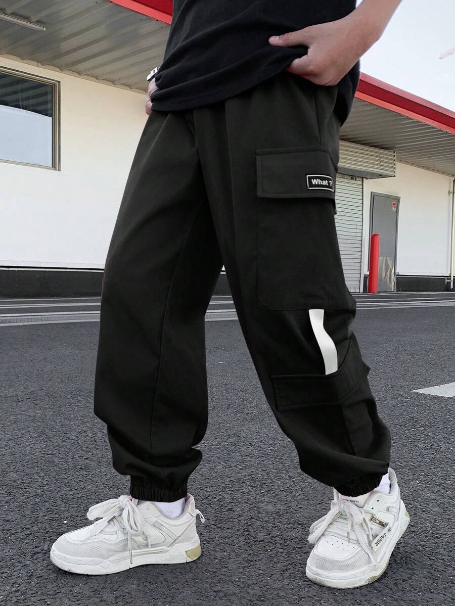 SHEIN Tween Boys' Casual Comfortable Elastic Waist Loose Solid Color Woven Pants - Black - View 1