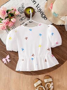 Tween Girls' Cute Colorful Bow Print Puff Sleeve Ruffle Hem Shirt Blouse, Spring/Summer - White - View 3