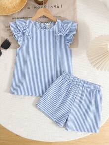 SHEIN LMoss Kids Conjunto de 2 piezas para niña preadolescente: Blusa holgada con cuello redondo y volantes y pantalones - Azul y blanco - Ver 1