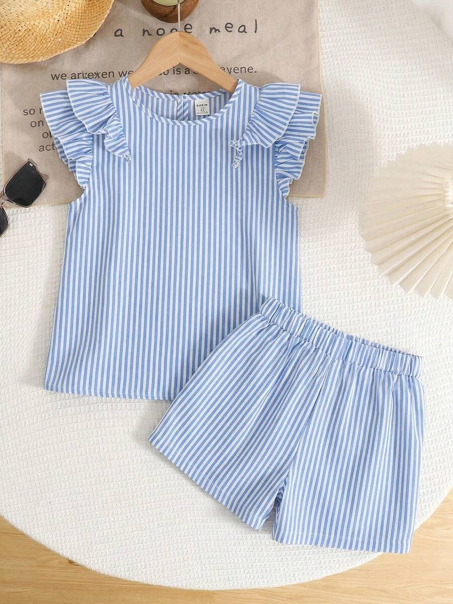 SHEIN LMoss Kids Conjunto de 2 piezas para niña preadolescente: Blusa holgada con cuello redondo y volantes y pantalones - Azul y blanco - Ver 1