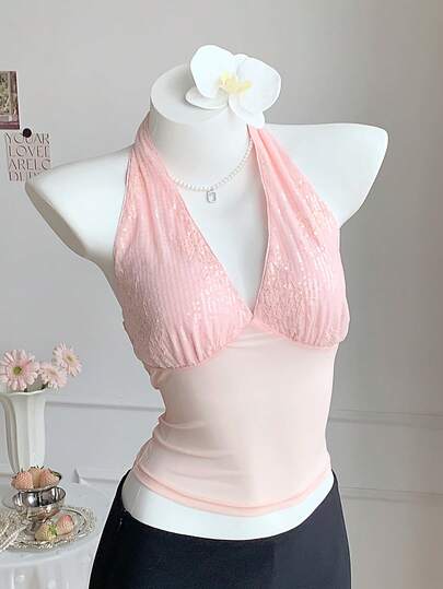 Comfortcana 女士性感沙滩度假纯色拼接亮片系带露背上衣