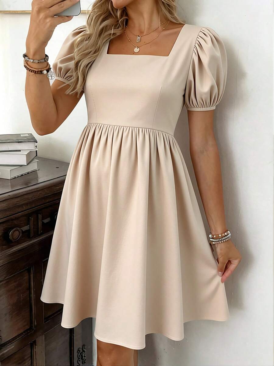 SHEIN Maternity Solid Color Square Neck Short Sleeve Elegant Dress, Spring/Summer Dress Puff Sleeve Women Clothing Dress Womans Dress High Quality Dress - Apricot - View 1