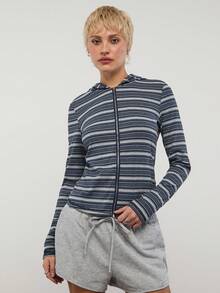 COUREZ 长袖拉链条纹连帽衫 / Y2K 春季女装可爱性感上衣，适合外出派对、锐舞派对等夏季穿着，修身条纹上衣，针织衫，夏季条纹上衣 - 藍色 - 查看 5