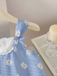 Elladie kids Đầm không tay xếp ly họa tiết hoa cúc kẻ caro cho bé gái, viền thêu, dáng rộng, ngọt ngào và thoải mái, thích hợp cho mùa hè, đi biển, nghỉ mát. - Màu xanh lam - Xem 8