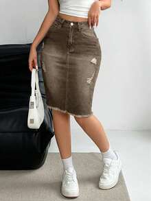 SHEIN LUNE Women's Summer Washed Distressed Frayed Hem Denim Mini Skirt - Coffee Brown - View 3