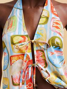 SHEIN TRVLCHIC Women's Vacation Casual Fish Stripe Print Halter Top And Shorts 2 Pieces Set Daily Wear Casual Summer New Arrival Vacation Outfit Beach Outfit - Multicolor - View 3