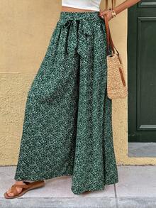 SHEIN Tall CURVE Quần ống rộng cỡ lớn họa tiết hoa nhí, cạp chun, có dây rút - màu xanh lá - Xem 3