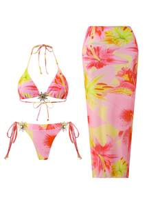 Swim Oasis 3件套纯色三角无钢圈吊带上衣、侧系带泳裤和网纱裙，女士夏季沙滩度假泳装套装，女士度假套装 - 彩色 - 查看 1