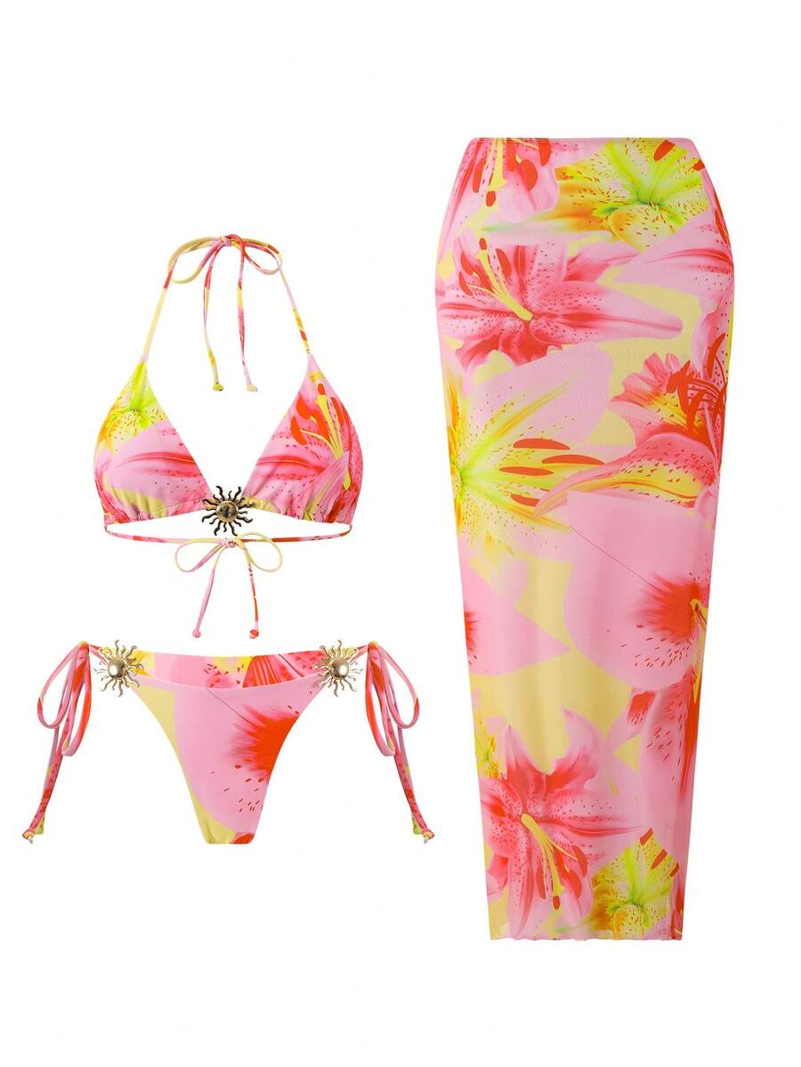 Swim Oasis 3件套纯色三角无钢圈吊带上衣、侧系带泳裤和网纱裙,女士夏季沙滩度假泳装套装,女士度假套装 - 彩色 - 查看 1