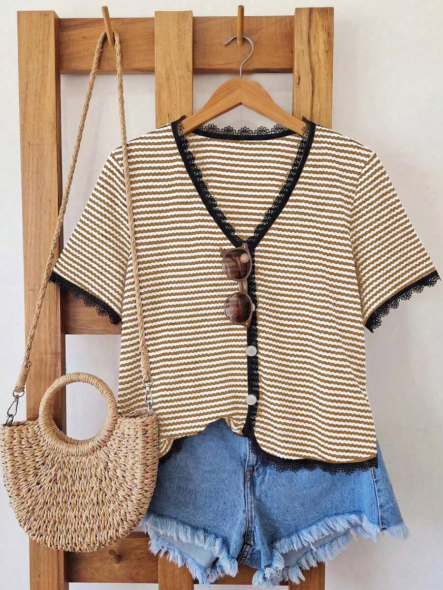 Franclia Áo thun nữ cỡ lớn, cổ chữ V, tay ngắn, kiểu dáng thanh lịch, thường ngày. - Màu Khaki - Xem 1