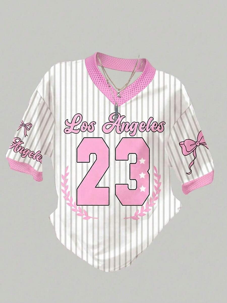 SHEIN 少女休闲日常街头时尚V领粉色条纹数字字母印花宽松T恤 - 粉色 - 查看 1