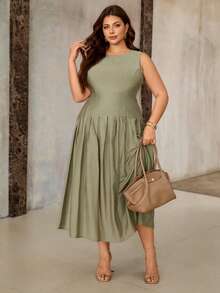 Roveilla 女士绿色单竹结亚麻圆领无袖收腰褶皱长连衣裙，优雅法式浪漫少女复古通勤商务海滩度假休闲简约复古连衣裙，适合婚礼、情人节、下午茶、派对、春夏新品 - 綠色 - 查看 4