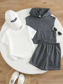 SHEIN 3pcs/Set Young Boys Casual Street-Style Summer Outfits,Soft Printed Vest,Light Grey Round Neck Short Sleeve T-Shirt,And Cargo Pocket Shorts Tracksuits - Grey - View 5