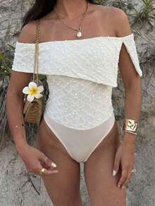 Aloruh Women's Fashion Textured Off Shoulder Asymmetrical Pleated Bodysuit,Off-White,Summer,Casual Sexy,Wedding,Solid Color,Elegant Everyday Beach - Apricot - View 2