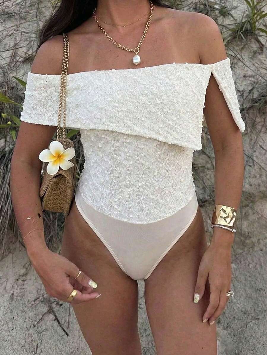 Aloruh Women's Fashion Textured Off Shoulder Asymmetrical Pleated Bodysuit,Off-White,Summer,Casual Sexy,Wedding,Solid Color,Elegant Everyday Beach