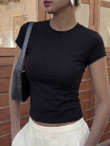Dazy-Less Women's Fitted Elegant All-Match Casual Cotton Blend Black Short Sleeve T-Shirt, Suitable For Spring And Summer, Versatile - Black - View 9