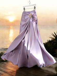 GlowEve New Woven Satin Ribbon Design Metal Decor Elegant Daily Wear Women Skirt - Purple - View 3