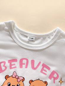 SHEIN Playful Pals Bộ 2 món cho bé gái sơ sinh/trẻ nhỏ 0-3 tuổi, mùa xuân hè, kiểu dáng thường ngày dễ thương, họa tiết mèo hoạt hình ăn dưa hấu, áo thun tay ngắn và quần short màu hồng hình trái tim. - Hồng - Xem 3