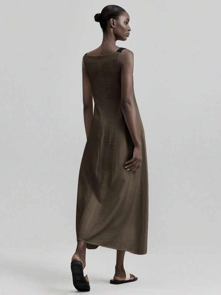 2026 Spring/Summer New Black Striped Pleated Dress, Black Ribbon Shoulder Strap, Women's Long Dress For Urban Business Casual, Beach, Music Festival, Party, Elegant Occasion