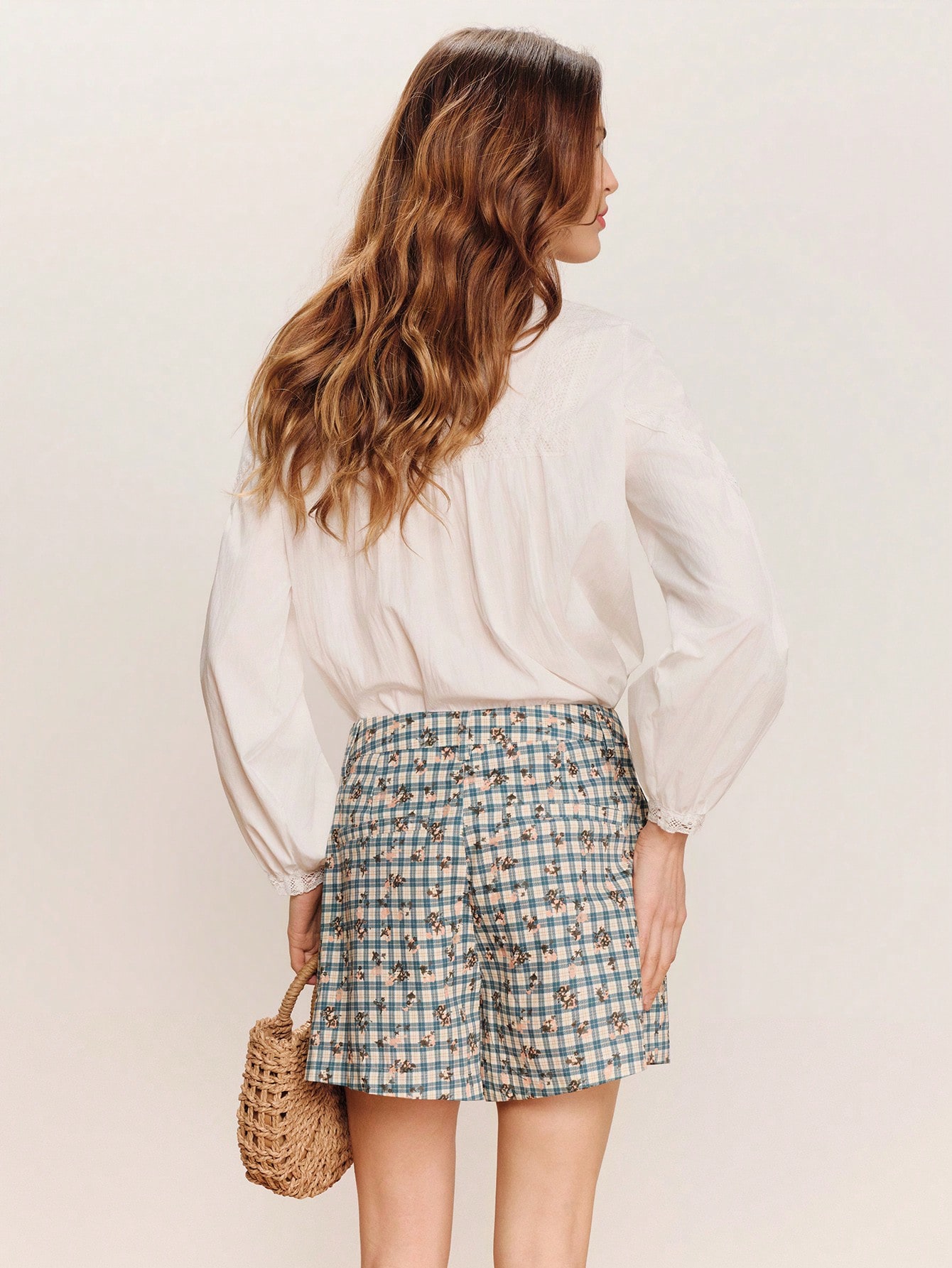 High Waist Tailored Shorts In Floral Plaid Fabric Spring Summer French Style Parisian Style Check Shorts Cotton Shorts Floral Shorts Going Out Vacation Outfit