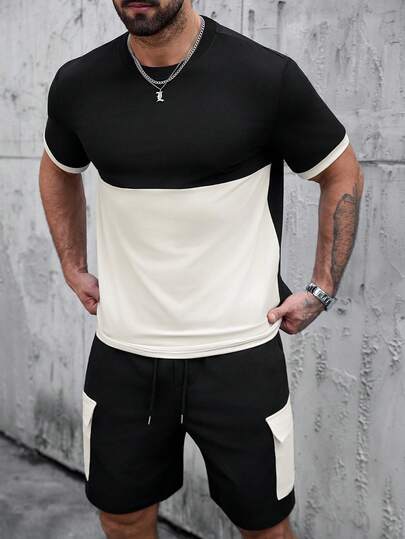 Manfinity Homme Bộ đồ nam gồm áo thun ngắn tay cổ tròn phối màu tương phản và quần short cargo cạp chun có dây rút, kiểu dáng thường ngày.