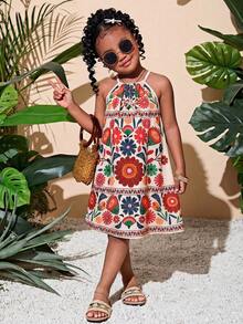 SHEIN 女孩度假休闲印花无袖连衣裙 - 彩色 - 查看 3