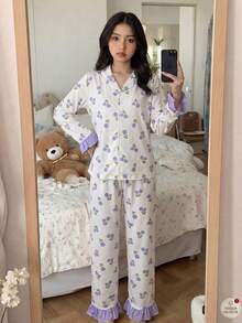 SHEIN Tween Girl Casual Daily Versatile Comfortable Loose Floral Pattern Patchwork Contrast Color Knit Tulip Elegant Flower Purple Ditsy Floral Long Sleeve Ruffle Bell Sleeve Spring/Summer Loungewear Tween Girl Fall/Winter Outfits - Multicolor - View 3