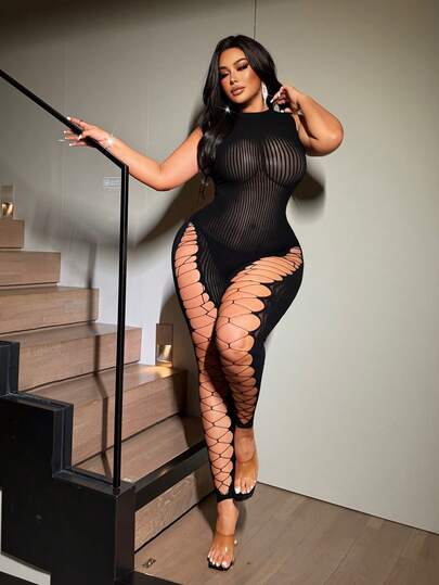 NU&NOW Plus Size Women's Sexy Nightclub Party Sheer Hollow Out Jumpsuit