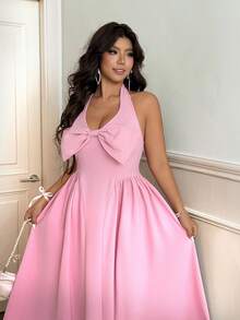 Vionelle 大码女士优雅度假V领系腰带飘逸连衣裙 - 粉色 - 查看 1