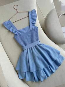 GlowEve New Arrival Summer Ruffled Collar Jumpsuit For Women, Blue Color, Waist Tie, Minimalist - Blue - View 2