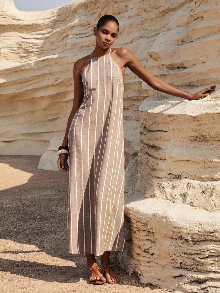 SHEIN Maija Women's Vacation Casual Striped Backless Halter Dress,Summer Outfits ,Festival Outfits ,Beach Outfit For Women,Holiday Outfits For Women,Country Concert Outfit,Summer Dresses For Women