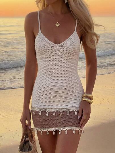 Bonvoyette Traje de baño de mujer Swim Chiccia con bloqueo de color, crochet sexy y minimalista, decoración de concha, vestido mini sin mangas con estilo Y2K para vacaciones de verano en Ibiza, minifalda ajustada tipo camiseta para festival de música country, traje de baño sexy tipo vestido para vacaciones en la playa, elegante kaftan estilo bohemio para playa de verano, adecuado para vacaciones en la playa, salidas, citas, atuendo de playa, ropa de playa