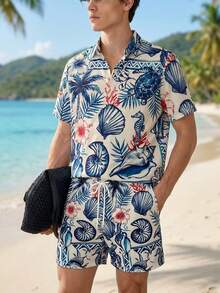 Manfinity Swimmode Bộ đồ nam đi nghỉ mát, phong cách thường ngày, in họa tiết nhiệt đới, gồm áo sơ mi và quần short. - Nhiều màu - Xem 3