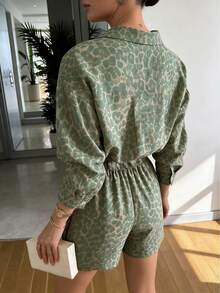 INAWLY Women's Leopard Print Shirt And Shorts 2 Pieces Set - Green - View 2