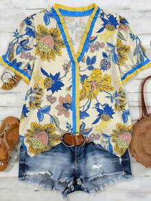 Linhara Plus Size Woven Printed Casual Resort Summer Women's Shirt - Yellow - View 1
