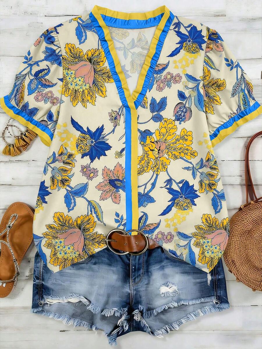 Linhara Plus Size Woven Printed Casual Resort Summer Women's Shirt - Yellow - View 1