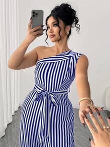 Elenzga Plus Size Women's Elegant Cinched Waist Sleeveless Striped Jumpsuit, Fashionable Casual Design For Summer Vacation Blue And White - Blue - View 4