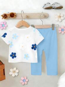 Set de 2 piezas: Camiseta de manga corta con cuello redondo y estampado floral + Leggings de unicolor, conjunto de verano casual y lindo para niña - Multicolor - View 2