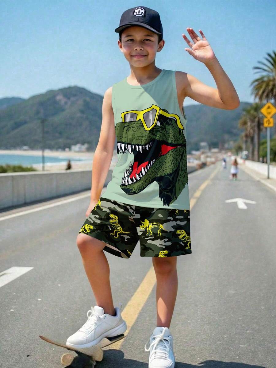 Tween Boy Sage Green Dinosaur Pattern 2-Piece Tank Top And Shorts Set,Summer Casual Beach Holiday Vacation Style Camouflage Soft Comfortable Outfit - Multicolor - View 1