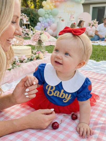 SHEIN Playful Pals Baby Girls' Collar Heart Print Short Sleeve Mesh Romper With Bow Headband, Fashionable Cute & Unique Design