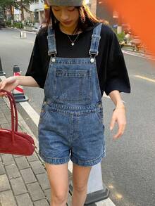 DAZY Quần yếm denim nữ kiểu dáng thường ngày có túi và cúc cài. - Màu xanh lam - Xem 9
