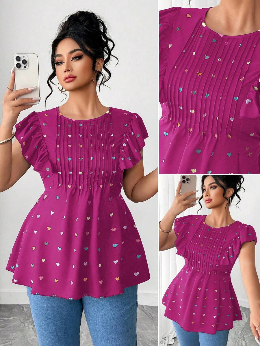 Elenzga Plus Size Women's Summer Magenta Cute Heart Print Short Sleeve Top,Everyday Fashionable Pleated Puff Sleeve Slim Fit Blouse Valentine's Day Smock - Hot Pink - View 1