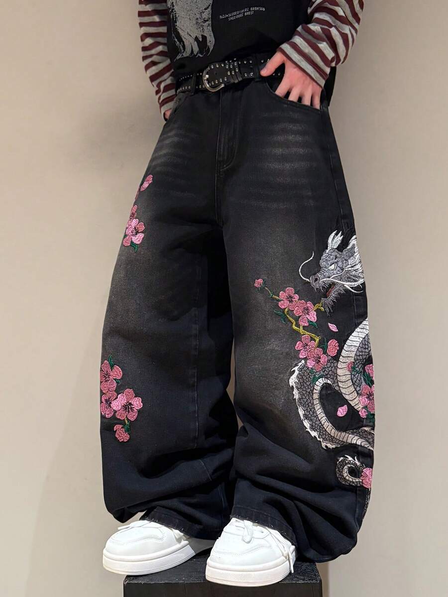 STEELVANCE 男士复古时尚百搭猫须图案花卉龙纹刺绣宽松阔腿休闲牛仔裤 - 黑色 - 查看 1